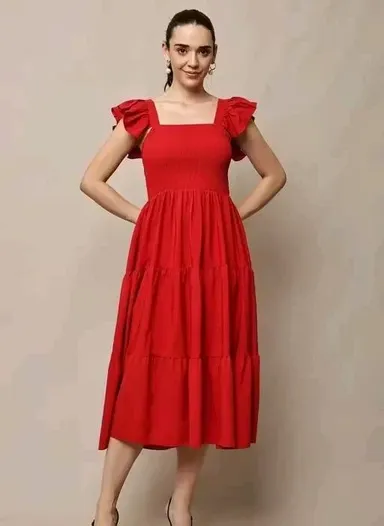 Women Solid Casual Sleeveless Fit and Flare Dress Cotton Blend A-Line Midi Dress Elegant Flowy Summer Western Wear Party Casual Dress for Women India Stylish Comfortable Daily Wear Outfit Red XL thumbnail 3