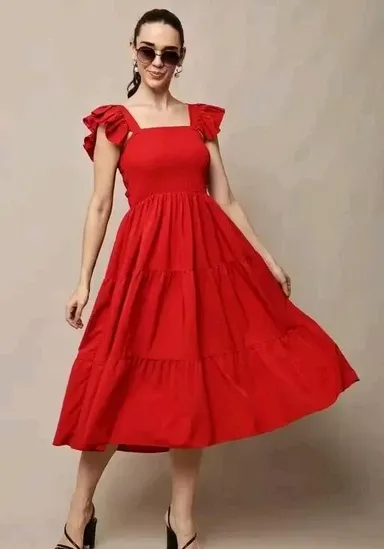 Women Solid Casual Sleeveless Fit and Flare Dress Cotton Blend A-Line Midi Dress Elegant Flowy Summer Western Wear Party Casual Dress for Women India Stylish Comfortable Daily Wear Outfit Red XL thumbnail 0