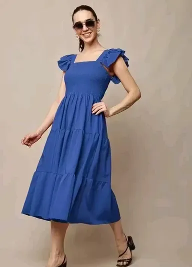 Women Solid Casual Sleeveless Fit and Flare Dress Cotton Blend A-Line Midi Dress Elegant Flowy Summer Western Wear Party Casual Dress for Women India Stylish Comfortable Daily Wear Outfit Blue M thumbnail 0