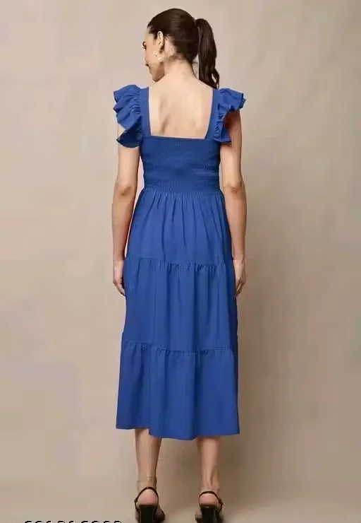 Women Solid Casual Sleeveless Fit and Flare Dress Cotton Blend A-Line Midi Dress Elegant Flowy Summer Western Wear Party Casual Dress for Women India Stylish Comfortable Daily Wear Outfit Blue XL image 2