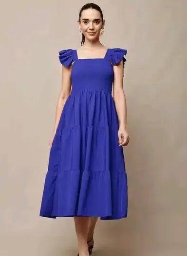 Women Solid Casual Sleeveless Fit and Flare Dress Cotton Blend A-Line Midi Dress Elegant Flowy Summer Western Wear Party Casual Dress for Women India Stylish Comfortable Daily Wear Outfit Blue XL thumbnail 3