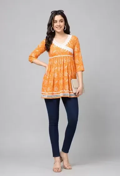 Women Stylish Cotton Short Kurti Casual Regular Fit Short Length Kurta for Women Daily Wear Ethnic Western Fusion Top Comfortable Breathable Summer Wear Kurti for Women India Trendy Office College Wear Tunic Top Orange Top M thumbnail 1