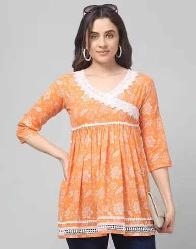 Women Stylish Cotton Short Kurti Casual Regular Fit Short Length Kurta for Women Daily Wear Ethnic Western Fusion Top Comfortable Breathable Summer Wear Kurti for Women India Trendy Office College Wear Tunic Top Orange Top M thumbnail 0
