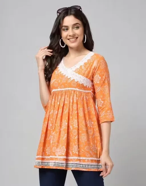 Women Stylish Cotton Short Kurti Casual Regular Fit Short Length Kurta for Women Daily Wear Ethnic Western Fusion Top Comfortable Breathable Summer Wear Kurti for Women India Trendy Office College Wear Tunic Top Orange Top XL image 3
