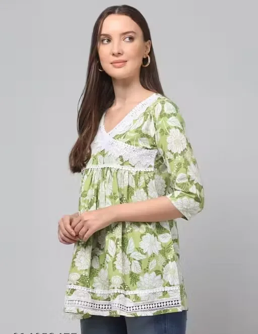 Women Stylish Cotton Short Kurti Casual Regular Fit Short Length Kurta for Women Daily Wear Ethnic Western Fusion Top Comfortable Breathable Summer Wear Kurti for Women India Trendy Office College Wear Tunic Top Green Top XL image 3