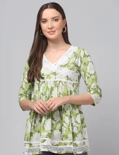 Women Stylish Cotton Short Kurti Casual Regular Fit Short Length Kurta for Women Daily Wear Ethnic Western Fusion Top Comfortable Breathable Summer Wear Kurti for Women India Trendy Office College Wear Tunic Top Green Top XL thumbnail 0