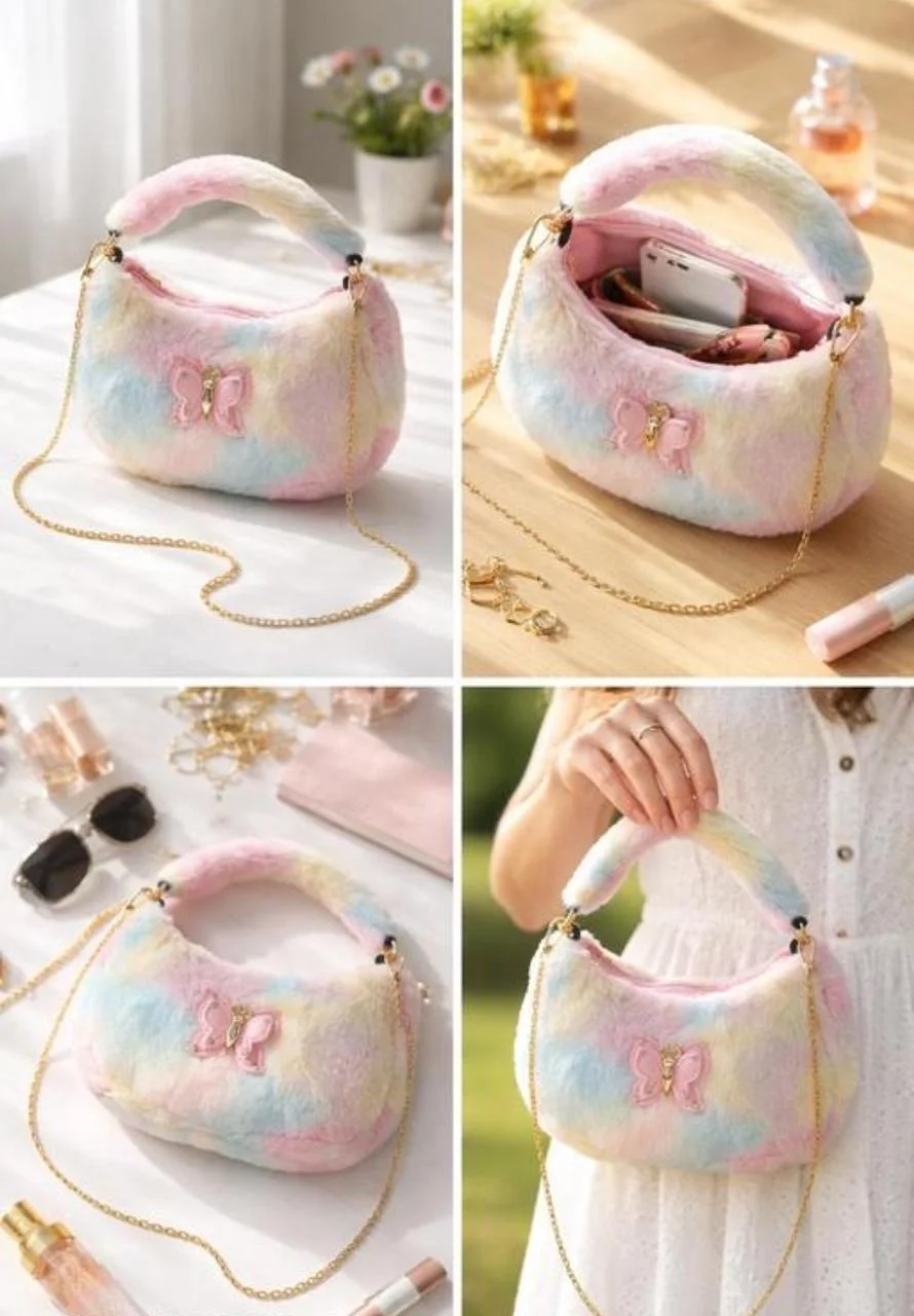 Cute Rainbow Faux Fur Butterfly Plush Handbag for Girls Kids Party Wear Crossbody Sling Bag with Gold Chain Stylish Soft Designer Fashion Purse for Birthday Gift Use image 2