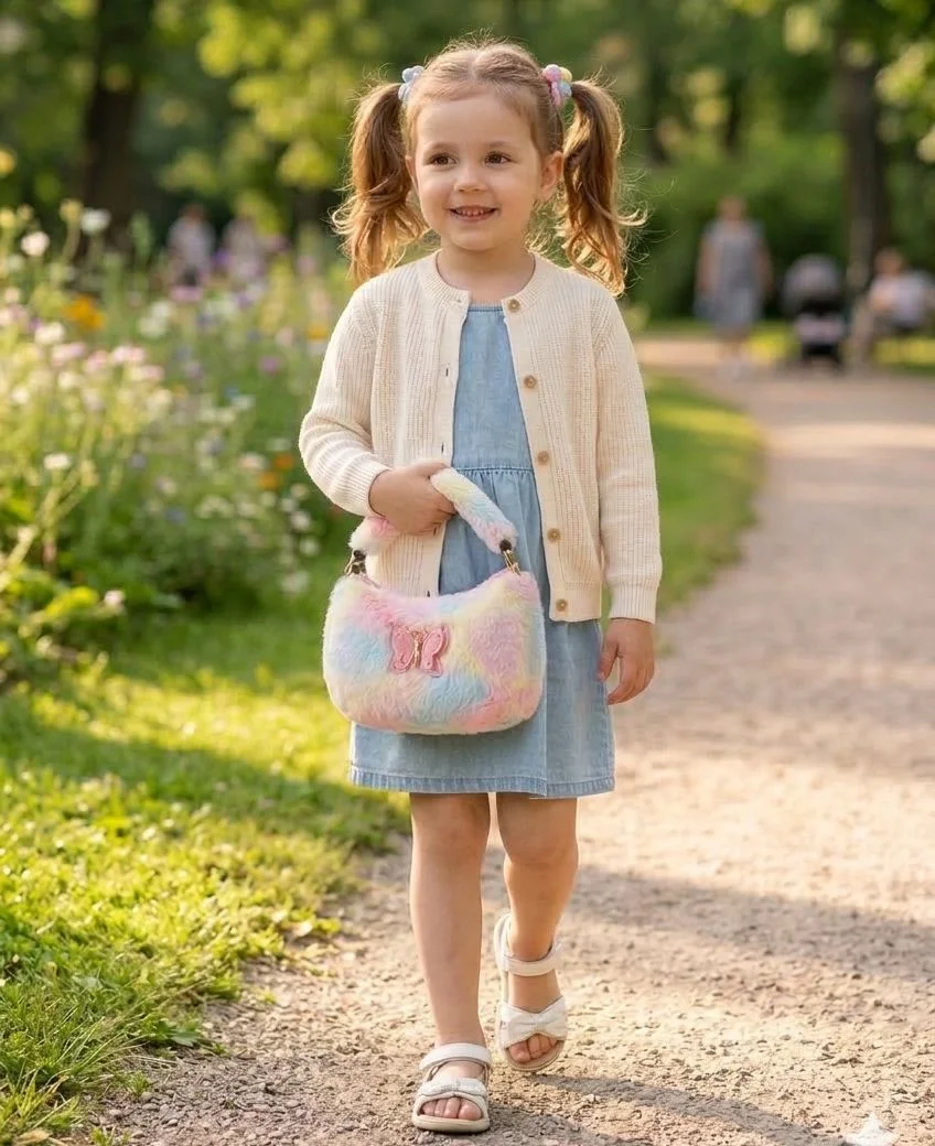 Cute Rainbow Faux Fur Butterfly Plush Handbag for Girls Kids Party Wear Crossbody Sling Bag with Gold Chain Stylish Soft Designer Fashion Purse for Birthday Gift Use image 3