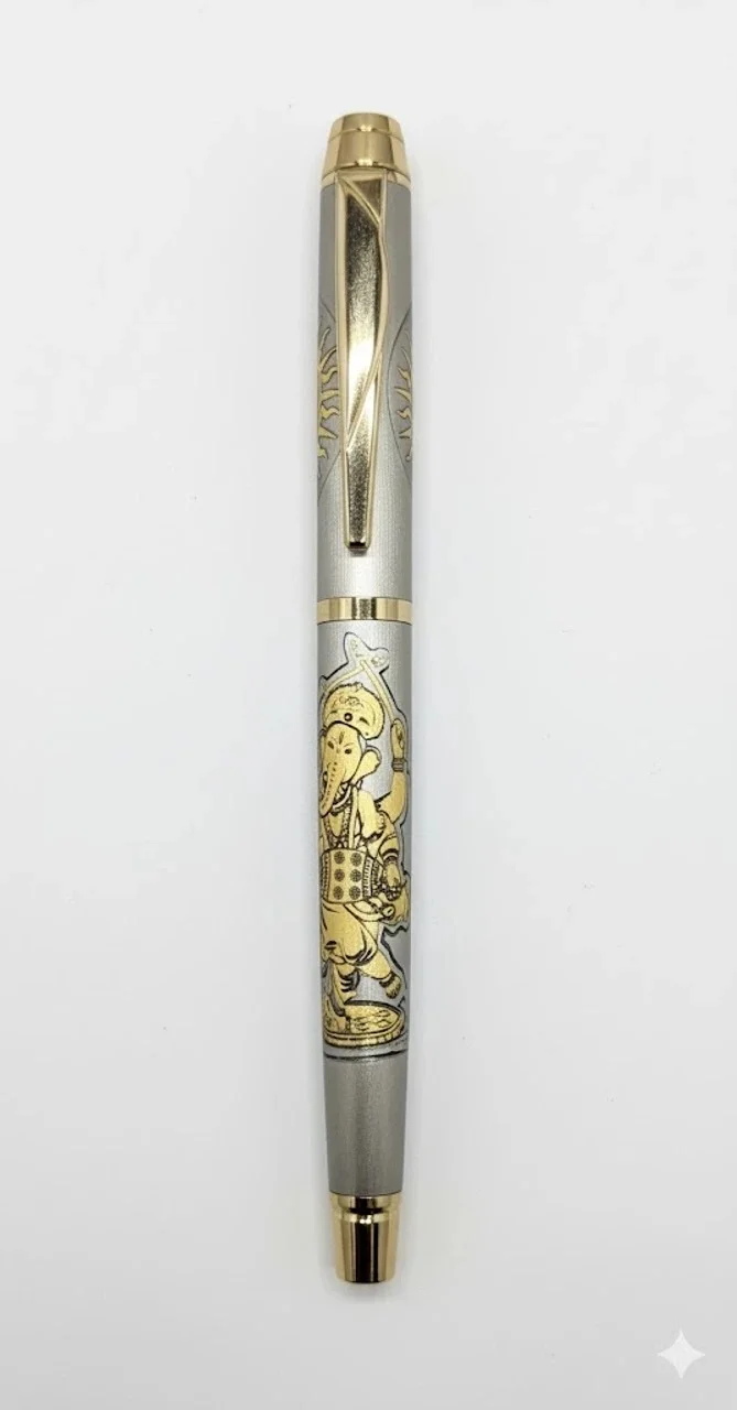 Epraiser Lord Ganesh Engraved Luxury Roller Ball Pen Gold Silver Finish Metallic Body Textured Grip Blue Ink Premium Gift Pen for Office पूजा Corporate Gifting India image 2