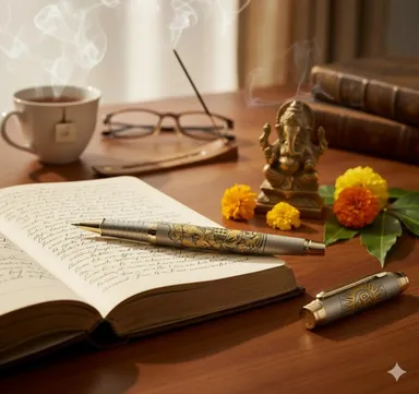 Epraiser Lord Ganesh Engraved Luxury Roller Ball Pen Gold Silver Finish Metallic Body Textured Grip Blue Ink Premium Gift Pen for Office पूजा Corporate Gifting India thumbnail 2