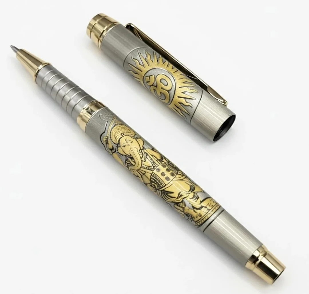 Epraiser Lord Ganesh Engraved Luxury Roller Ball Pen Gold Silver Finish Metallic Body Textured Grip Blue Ink Premium Gift Pen for Office पूजा Corporate Gifting India image 1