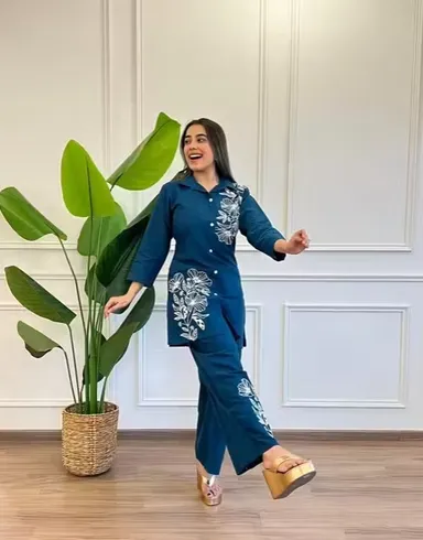 Women Rayon Kurta Palazzo Co-ord Set Stylish Ethnic Cord Set for Ladies Printed Casual Festive Wear Comfortable Summer Kurti Palazzo Set India Blue M thumbnail 3
