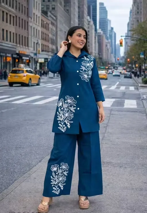 Women Rayon Kurta Palazzo Co-ord Set Stylish Ethnic Cord Set for Ladies Printed Casual Festive Wear Comfortable Summer Kurti Palazzo Set India Blue L image 1