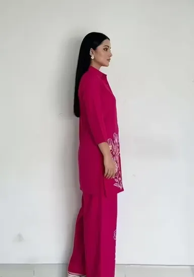 Women Rayon Kurta Palazzo Co-ord Set Stylish Ethnic Cord Set for Ladies Printed Casual Festive Wear Comfortable Summer Kurti Palazzo Set India Pink  L thumbnail 2