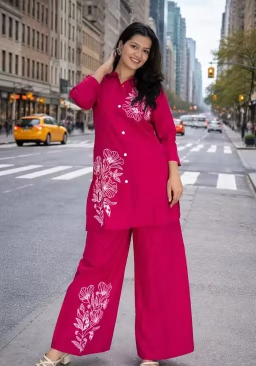 Women Rayon Kurta Palazzo Co-ord Set Stylish Ethnic Cord Set for Ladies Printed Casual Festive Wear Comfortable Summer Kurti Palazzo Set India Pink L image 1