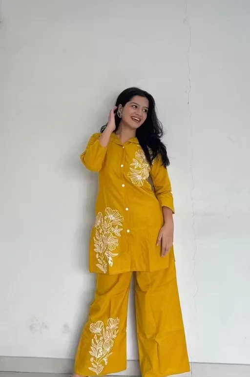 Women Rayon Kurta Palazzo Co-ord Set Stylish Ethnic Cord Set for Ladies Printed Casual Festive Wear Comfortable Summer Kurti Palazzo Set India Yellow L image 2