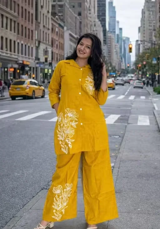 Women Rayon Kurta Palazzo Co-ord Set Stylish Ethnic Cord Set for Ladies Printed Casual Festive Wear Comfortable Summer Kurti Palazzo Set India Yellow L image 1