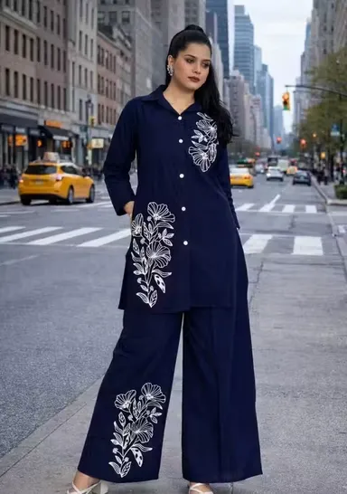 Women Rayon Kurta Palazzo Co-ord Set Stylish Ethnic Cord Set for Ladies Printed Casual Festive Wear Comfortable Summer Kurti Palazzo Set India Nevey Blue L thumbnail 0