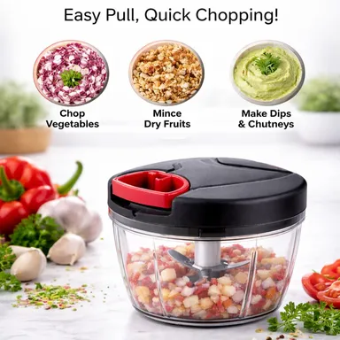 Manual Dori Chopper 500ml Vegetable Chopper Hand Pull String Chopper with 3 Stainless Steel Blades Multipurpose Kitchen Food Chopper for Onion Garlic Salad Vegetables Easy Fast Cutting Tool India thumbnail 3