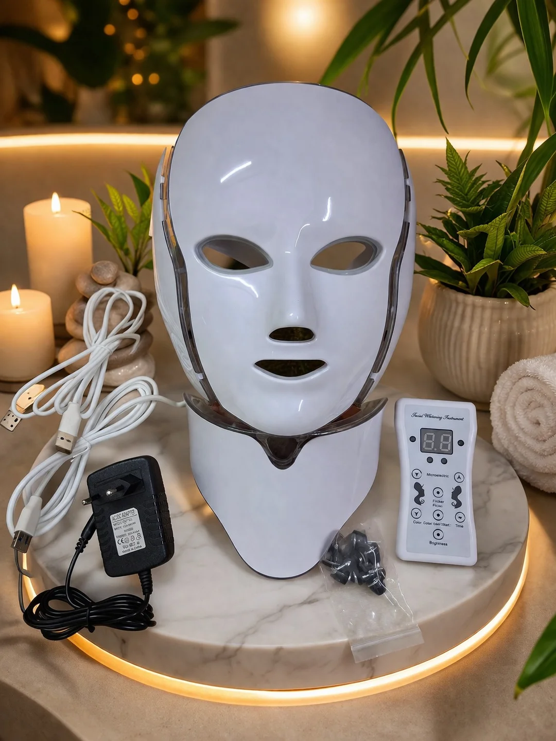 7 Colour LED Face Mask with Neck Attachment Remote Control Light Therapy Mask for Acne Anti Ageing Skin Rejuvenation Wrinkle Removal Facial Device Home Use image 1