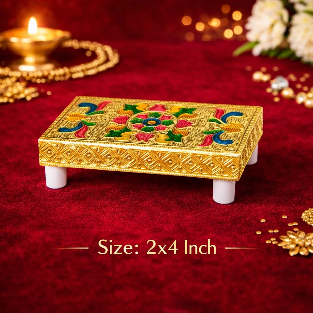 Traditional Handcrafted Wooden Puja Chouki Bajot Pack of 2 Small 4x2 Inch Meenakari Golden Chourang for Mandir Home Temple Idol Stand Decor image 1