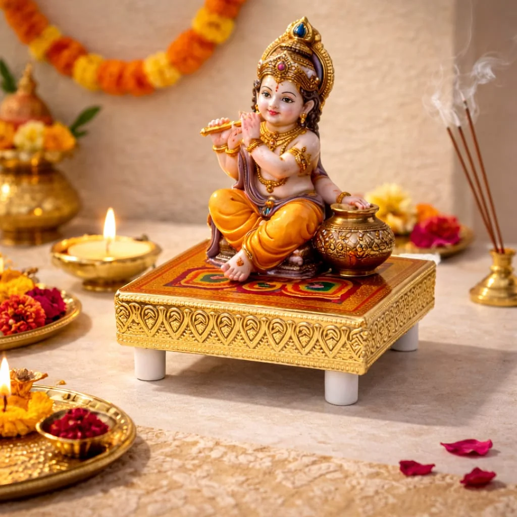 Traditional Handcrafted Wooden Puja Chouki Bajot Pack of 3 Small 3 Inch Meenakari Golden Chourang for Mandir Home Temple Idol Stand Religious Puja Decor  image 3