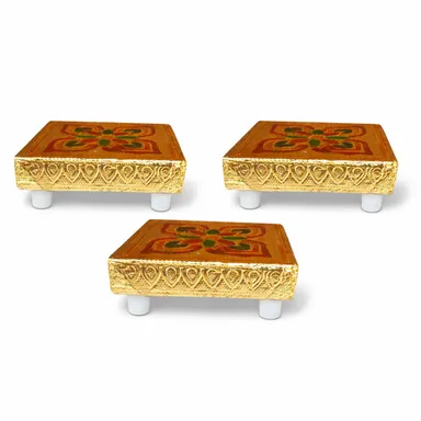 Traditional Handcrafted Wooden Puja Chouki Bajot Pack of 3 Small 3 Inch Meenakari Golden Chourang for Mandir Home Temple Idol Stand Religious Puja Decor  thumbnail 0