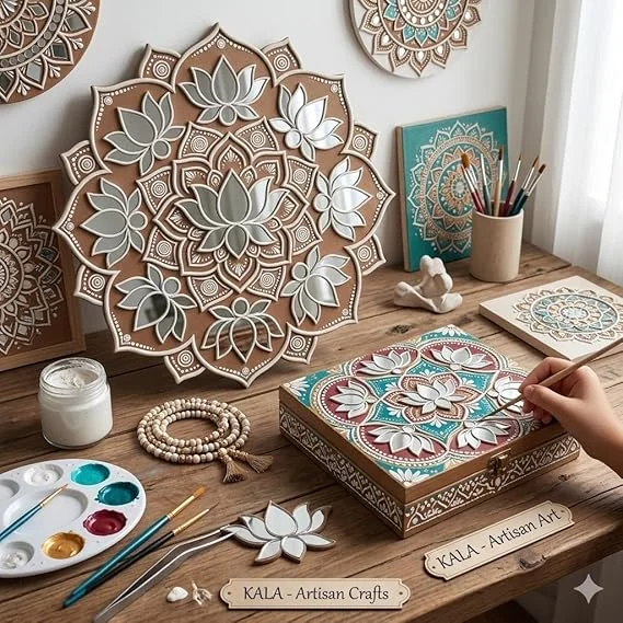 5-Piece Lotus Shape Cutout Silver Mirror Set for Lippan Art Mud Work DIY Craft Decoration Handcrafted Mosaic Mirror Pieces for Home Mandir Wall Decor Rangoli Festival Art Supplies India image 2