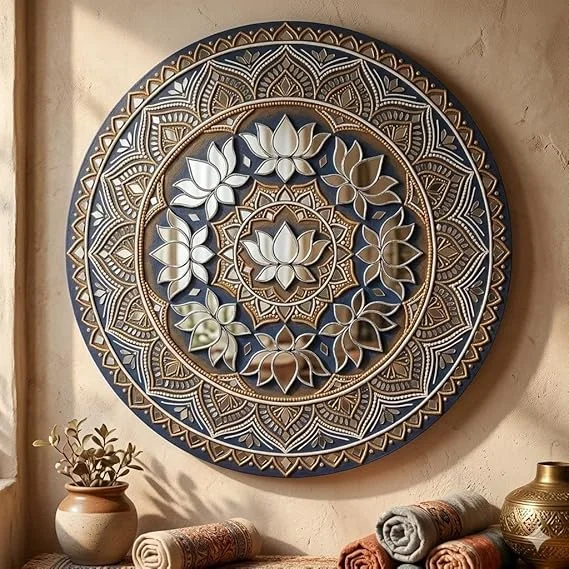 5-Piece Lotus Shape Cutout Silver Mirror Set for Lippan Art Mud Work DIY Craft Decoration Handcrafted Mosaic Mirror Pieces for Home Mandir Wall Decor Rangoli Festival Art Supplies India image 1