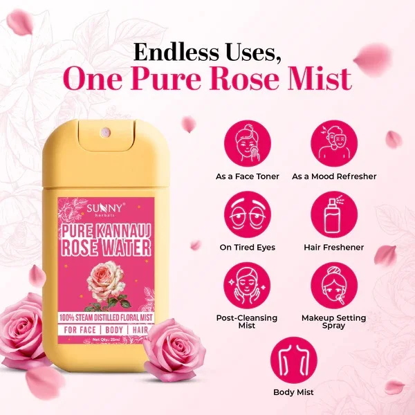 Pure Kannauj Rose Water 25 ML Natural Steam Distilled Gulab Jal for Face Skin Toner Hydrating Refreshing Facial Mist Cooling Glow Enhancing Makeup Setting Water Ayurvedic Skincare for All Skin Types India image 5