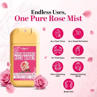 Pure Kannauj Rose Water 25 ML Natural Steam Distilled Gulab Jal for Face Skin Toner Hydrating Refreshing Facial Mist Cooling Glow Enhancing Makeup Setting Water Ayurvedic Skincare for All Skin Types India thumbnail 4