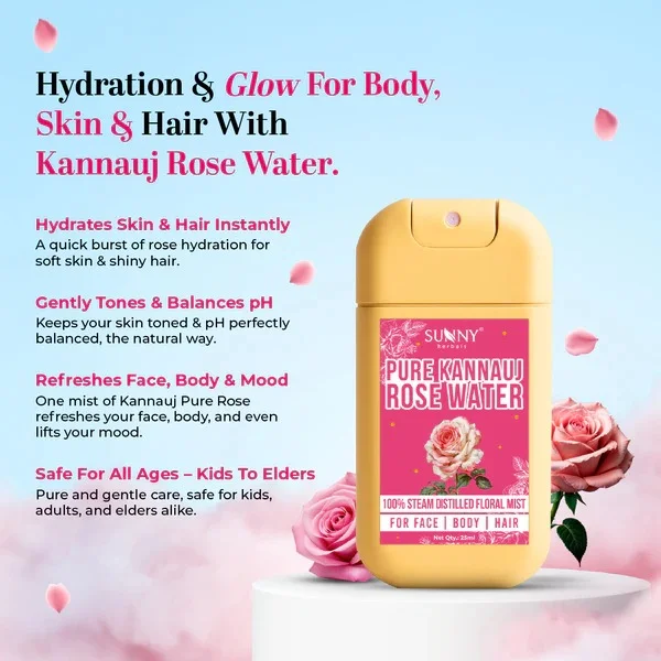 Pure Kannauj Rose Water 25 ML Natural Steam Distilled Gulab Jal for Face Skin Toner Hydrating Refreshing Facial Mist Cooling Glow Enhancing Makeup Setting Water Ayurvedic Skincare for All Skin Types India image 1
