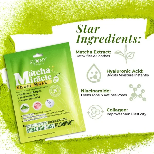 Matcha Miracle Sheet Mask Green Tea Antioxidant Hydrating Brightening Facial Sheet Mask with Matcha Extract Hyaluronic Acid Niacinamide for Acne Prone Dull Skin Instant Glow Refresh Spa Care Treatment Face Mask India image 3