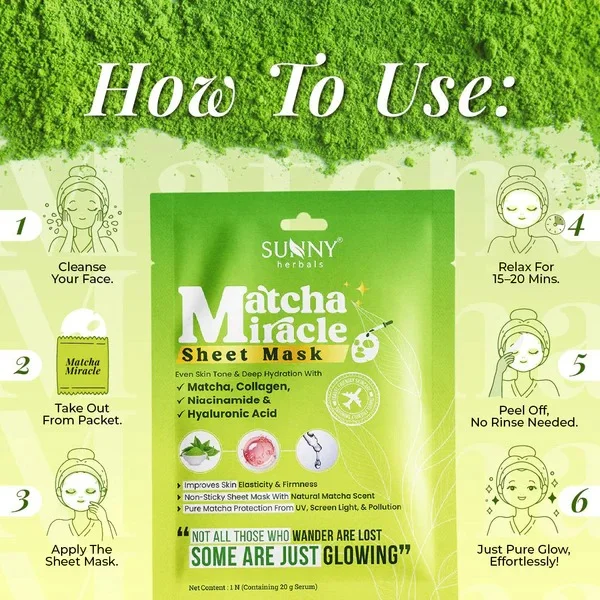 Matcha Miracle Sheet Mask Green Tea Antioxidant Hydrating Brightening Facial Sheet Mask with Matcha Extract Hyaluronic Acid Niacinamide for Acne Prone Dull Skin Instant Glow Refresh Spa Care Treatment Face Mask India image 4