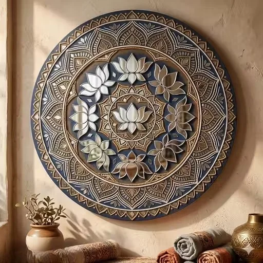 Handcrafted Lippan Art Lotus Mirror Wall Decor Set of Traditional Mud Mirror Mosaic Wall Hanging for Home Mandir Decoration, Festive Decor, DIY Craft & Ethnic Interior Styling image 2