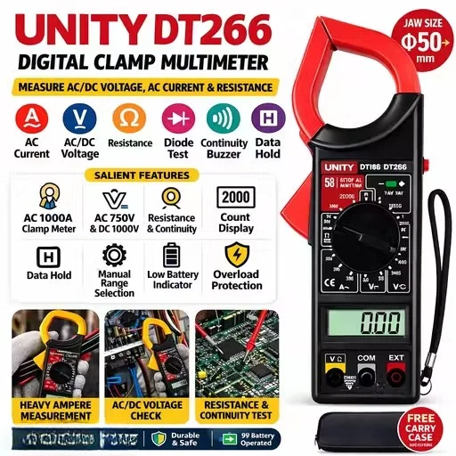 UNITY DT266 Digital Clamp Multimeter 1000A AC DC Current Voltage Tester with Resistance Continuity Buzzer 2000 Counts Display Electrician Clamp Meter Tool with Carry Case image 1