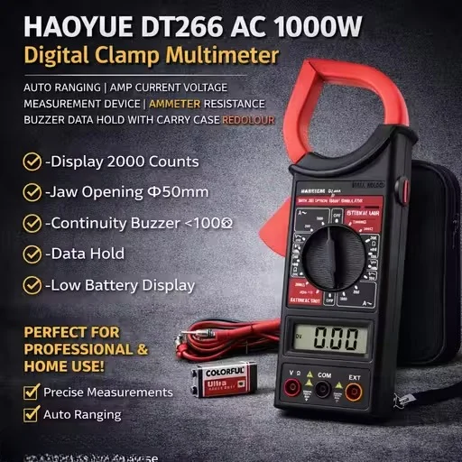 HAOYUE DT266 Digital Clamp Multimeter 1000A Auto Ranging AC DC Current Voltage Tester with Resistance Continuity Buzzer Data Hold Clamp Meter with Carry Case Red Electrician Tool image 1