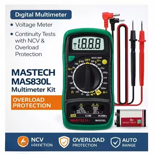 Mastech MAS830L Digital Multimeter with NCV Non Contact Voltage Detection Overload Protection Voltage Current Resistance Continuity Tester Electrical Measuring Device Kit image 1