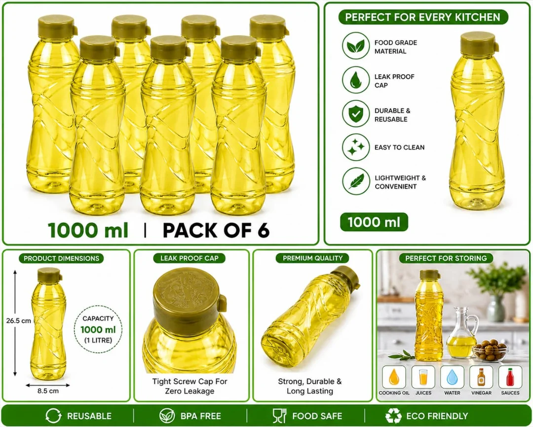 Plastic Water Bottles Set of 6 1000 ml Leak Proof BPA Free Reusable Fridge Water Bottles for Home Kitchen Office School Gym Travel Durable Lightweight Water Storage Bottles India image 2