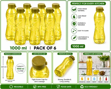 Plastic Water Bottles Set of 6 1000 ml Leak Proof BPA Free Reusable Fridge Water Bottles for Home Kitchen Office School Gym Travel Durable Lightweight Water Storage Bottles India thumbnail 1