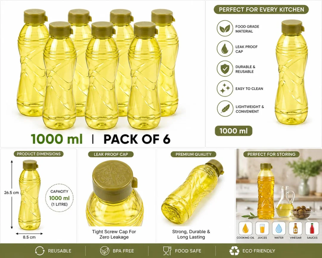 Plastic Water Bottles Set of 6 1000 ml Leak Proof BPA Free Reusable Fridge Water Bottles for Home Kitchen Office School Gym Travel Durable Lightweight Water Storage Bottles India image 3