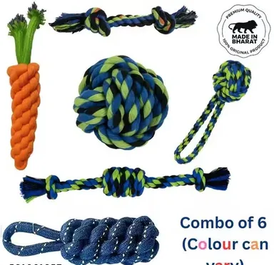 KYC Combo of 6 Dog Chew Rope Toys Carrot Candle Ball Knot Toys Ball with Handle Durable Cotton Rope Interactive Tug of War Fetch Dental Care Toys for Puppies Small Medium Large Dogs India thumbnail 0