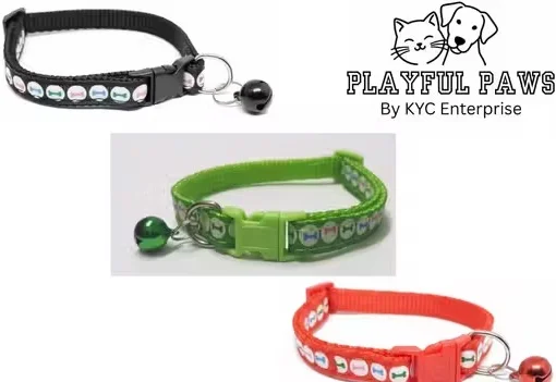 KYC Pack of 3 Nylon Breakaway Cat and Small Dog Collars Bone Printed Adjustable Safety Collars with Bell for Kittens Puppies Small Pets Durable Lightweight Pet Accessories Set image 2