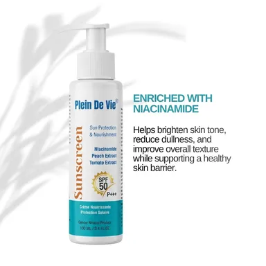 Plein De Vie SPF50 Sunscreen Lotion 100ml with Niacinamide Peach Tomato Extract Broad Spectrum UVA UVB Protection Lightweight Hydrating Non Greasy Sunblock for Oily Dry Sensitive Skin India thumbnail 1