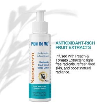 Plein De Vie SPF50 Sunscreen Lotion 100ml with Niacinamide Peach Tomato Extract Broad Spectrum UVA UVB Protection Lightweight Hydrating Non Greasy Sunblock for Oily Dry Sensitive Skin India thumbnail 2