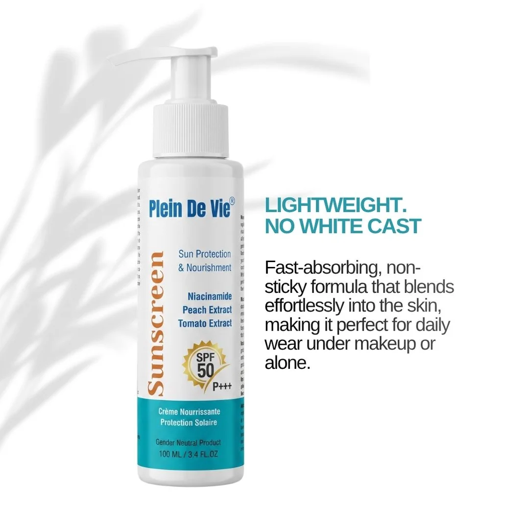 Plein De Vie SPF50 Sunscreen Lotion 100ml with Niacinamide Peach Tomato Extract Broad Spectrum UVA UVB Protection Lightweight Hydrating Non Greasy Sunblock for Oily Dry Sensitive Skin India image 4