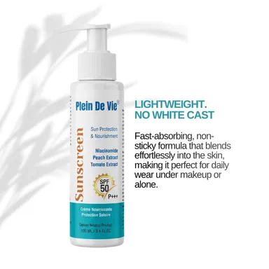 Plein De Vie SPF50 Sunscreen Lotion 100ml with Niacinamide Peach Tomato Extract Broad Spectrum UVA UVB Protection Lightweight Hydrating Non Greasy Sunblock for Oily Dry Sensitive Skin India thumbnail 3