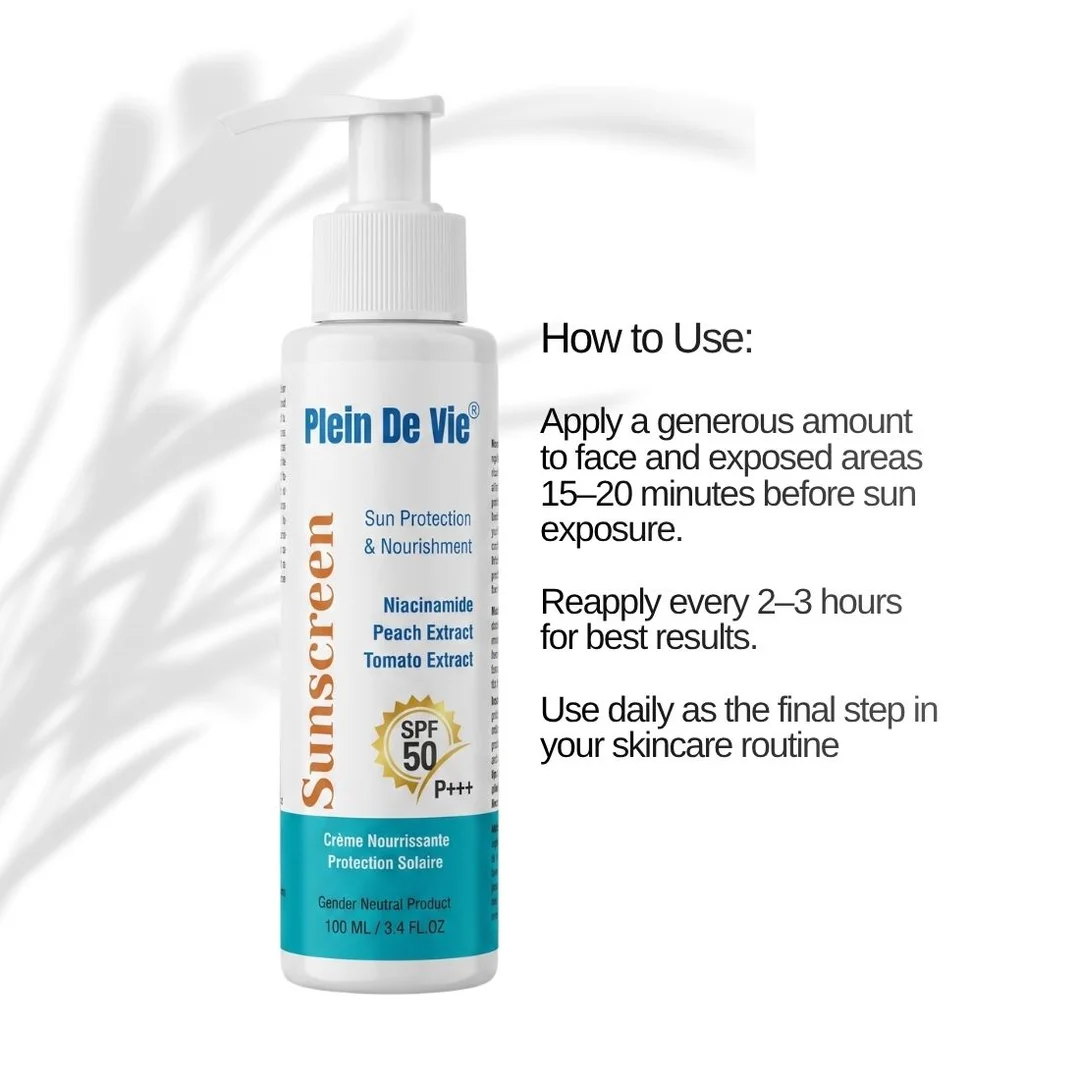 Plein De Vie SPF50 Sunscreen Lotion 100ml with Niacinamide Peach Tomato Extract Broad Spectrum UVA UVB Protection Lightweight Hydrating Non Greasy Sunblock for Oily Dry Sensitive Skin India image 5