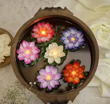 KYC LED Lotus Floating Diya Pack of 6 Waterproof Battery Operated Multicolor Realistic Lotus Flower Floating Candle for Diwali Decoration Home Mandir Puja Wedding Party Indoor Outdoor Festival Lighting Spiritual Ambience Decorative LED Diyas thumbnail 0