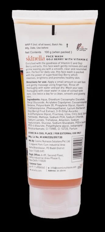 Skinella Gojiberry Vitamin C Face Wash 100g Brightening Anti-Acne Hydrating Cleanser for Glowing Skin Oil Control Deep Cleansing Paraben Free Facewash for Men Women India image 2